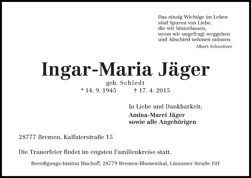 Traueranzeige von Ingar-Maria Jäger von Die Norddeutsche