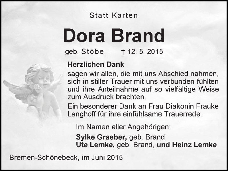 Traueranzeige von Dora Brand von Die Norddeutsche