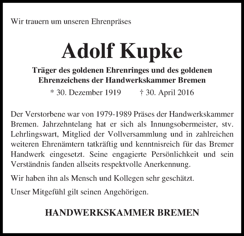 Traueranzeige von Adolf Kupke von WESER-KURIER