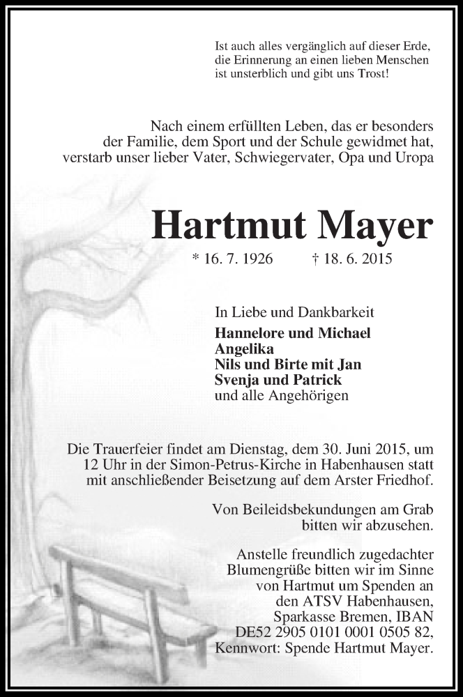 Traueranzeige von Hartmut Mayer von WESER-KURIER