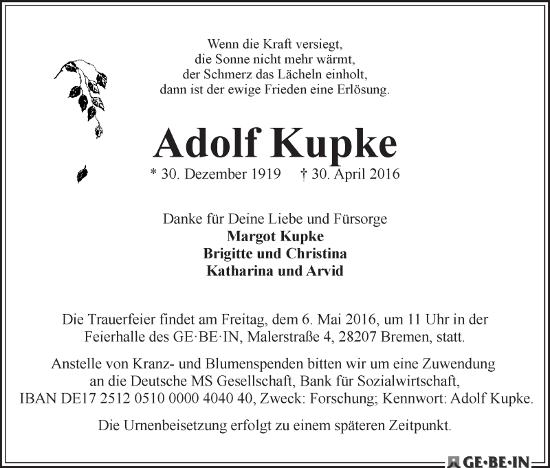 Traueranzeige von Adolf Kupke von WESER-KURIER