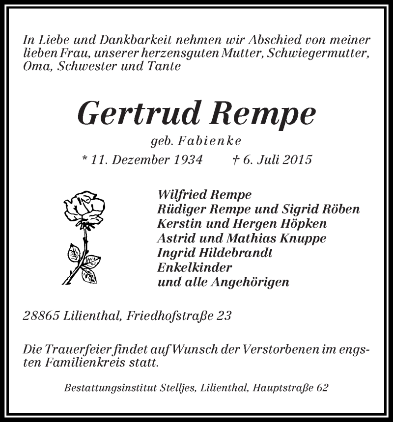 Traueranzeige von Gertrud Rempe von WESER-KURIER