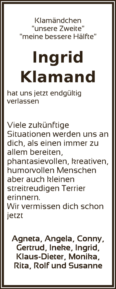 Traueranzeige von Ingrid Klamand von WESER-KURIER