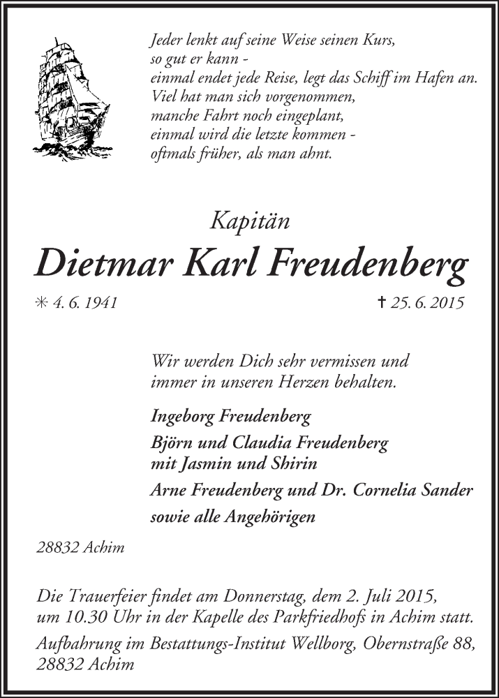Traueranzeige von Dietmar Karl Freudenberg von Achimer Kurier/Verdener Nachrichten