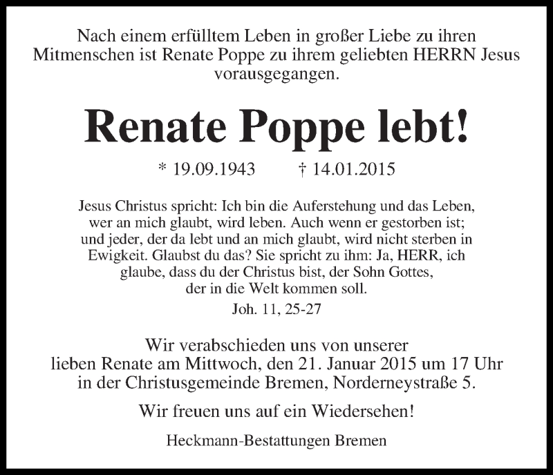 Traueranzeige von Renate Poppe von WESER-KURIER