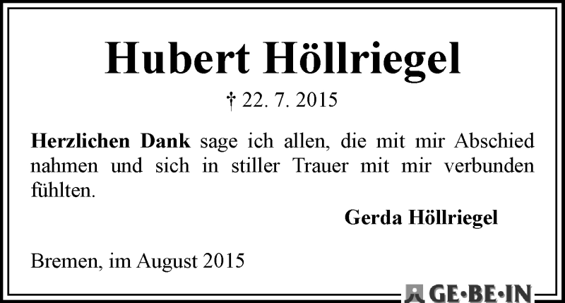 Traueranzeige von Hubert Höllriegel von WESER-KURIER