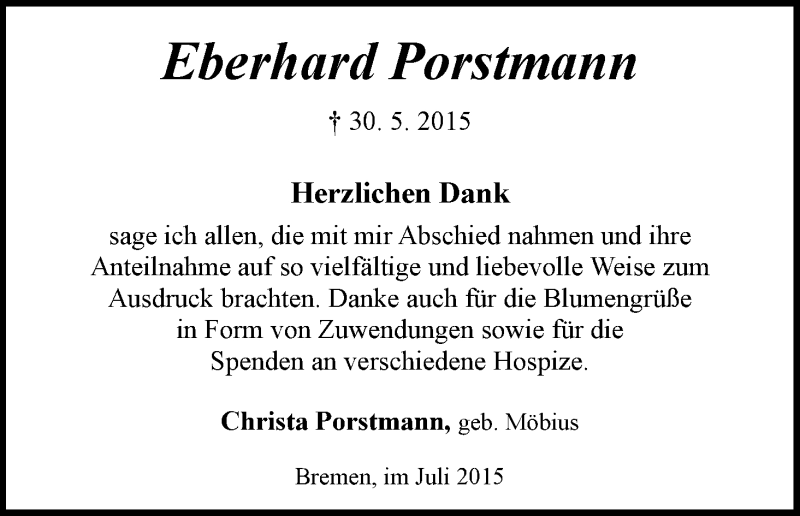 Traueranzeige von Eberhard Porstmann von WESER-KURIER