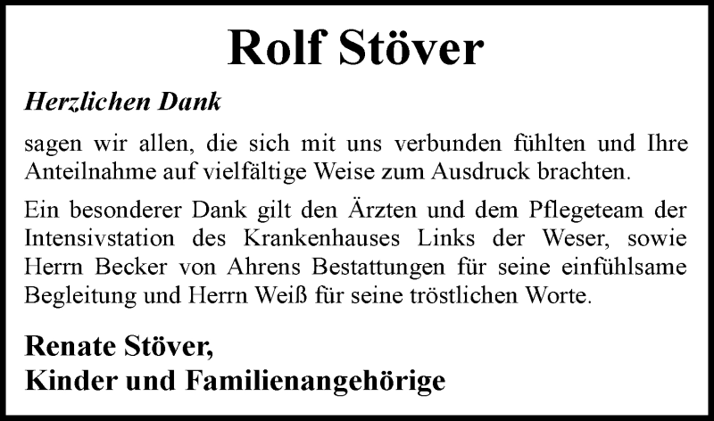 Traueranzeige von Rolf Stöver von WESER-KURIER