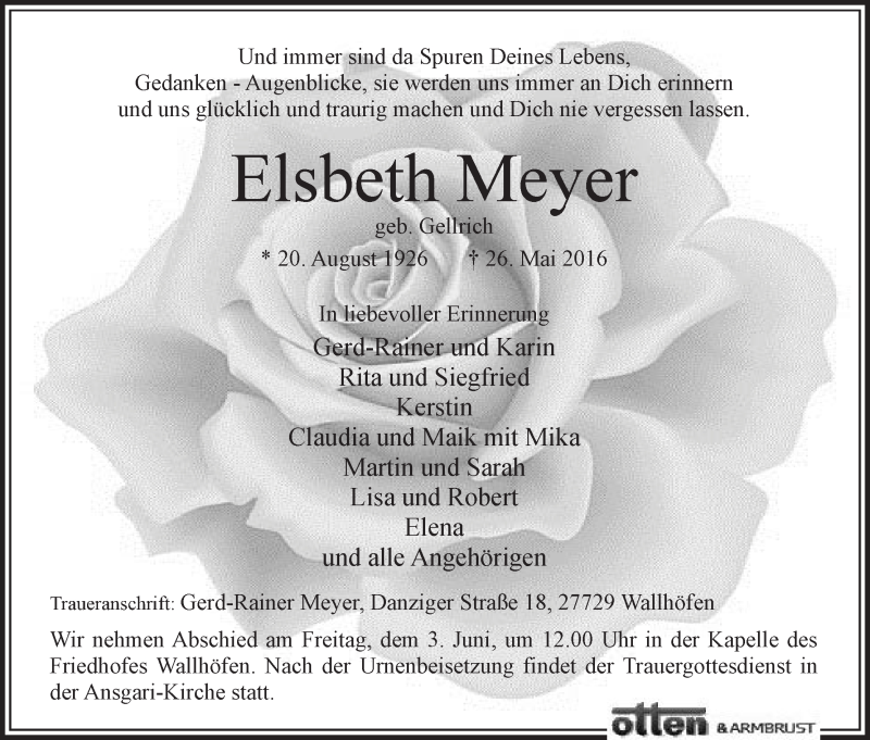 Traueranzeige von Elsbeth Meyer von Osterholzer Kreisblatt