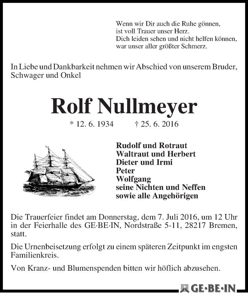 Traueranzeige von Rolf Nullmeyer von WESER-KURIER