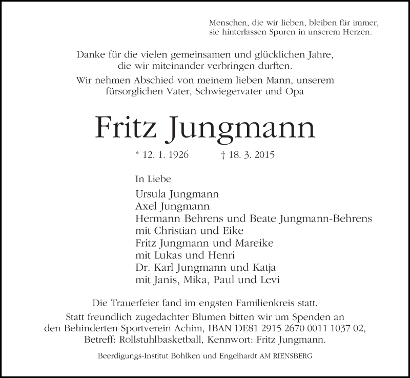 Traueranzeige von Fritz Jungmann von WESER-KURIER