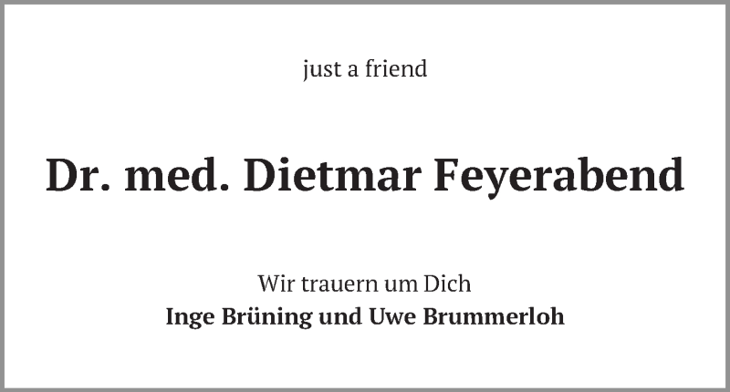 Traueranzeige von Dietmar Feyerabend von Die Norddeutsche