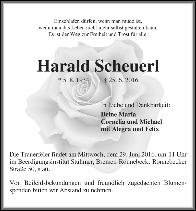 Traueranzeige von Harald Scheuerl von Die Norddeutsche