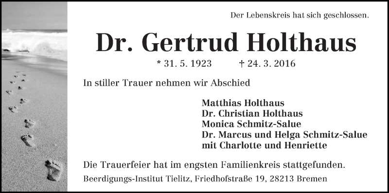 Traueranzeige von Gertrud Holthaus von WESER-KURIER