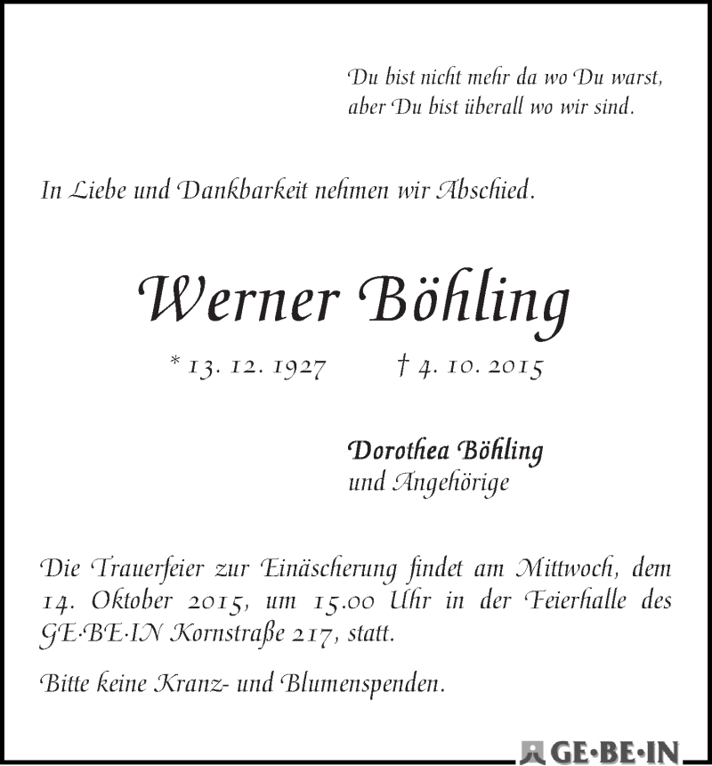 Traueranzeige von Werner Böhling von WESER-KURIER