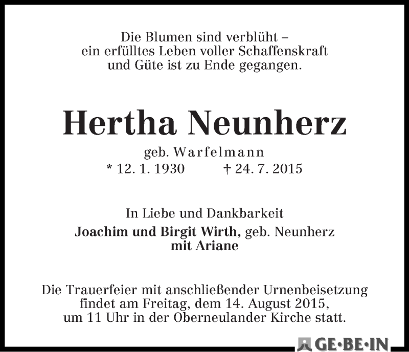 Traueranzeige von Hertha Neunherz von WESER-KURIER