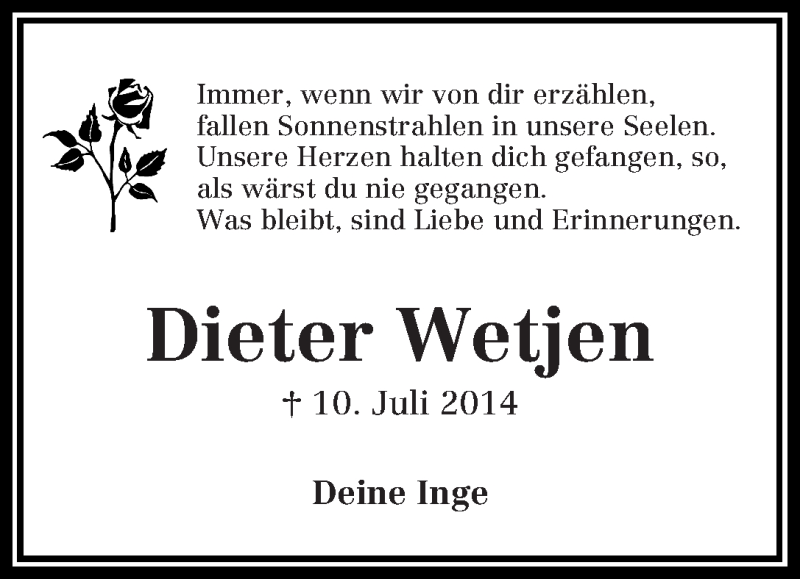 Traueranzeige von Dieter Wetjen von WESER-KURIER