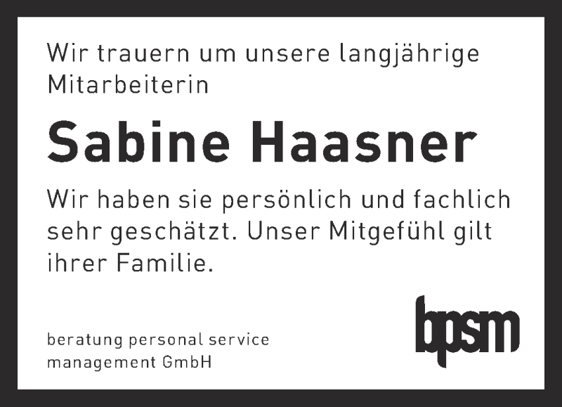 Traueranzeige von Sabine Haasner von WESER-KURIER