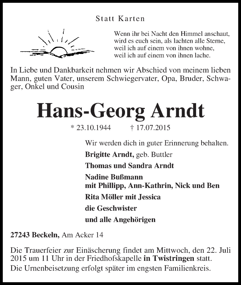 Traueranzeige von Hans-Georg Arndt von WESER-KURIER