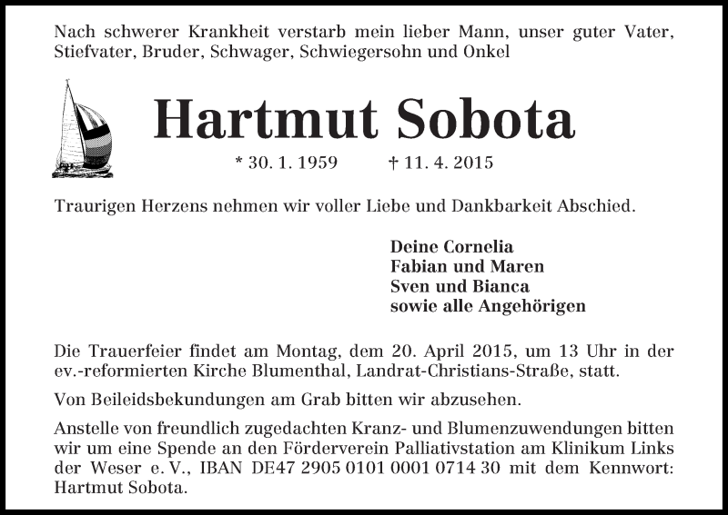 Traueranzeige von Hartmut Sobota von WESER-KURIER