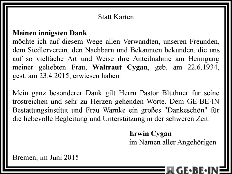 Traueranzeige von Waltraut Cygan von WESER-KURIER