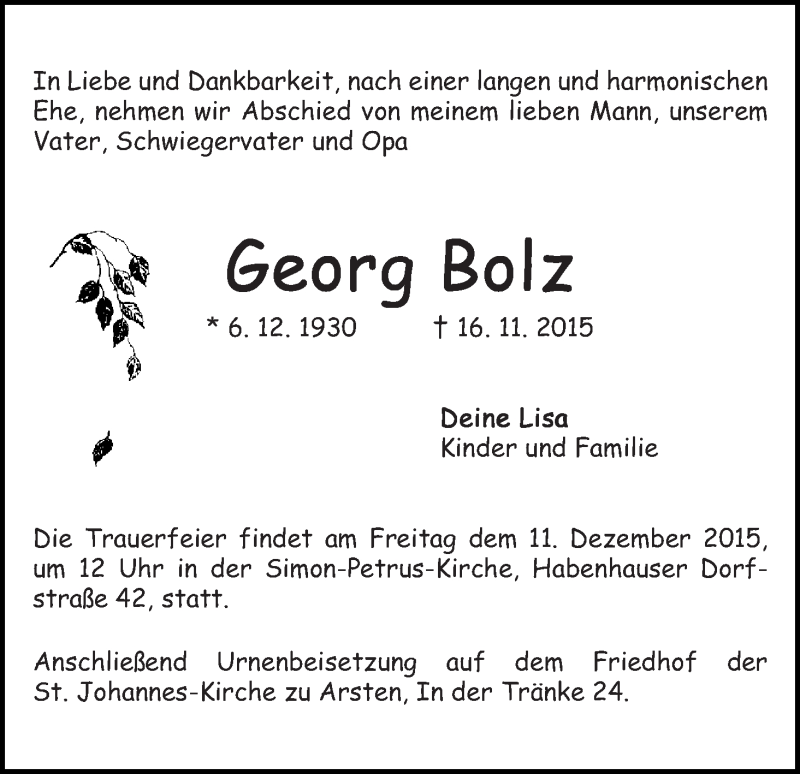 Traueranzeige von Georg Bolz von WESER-KURIER