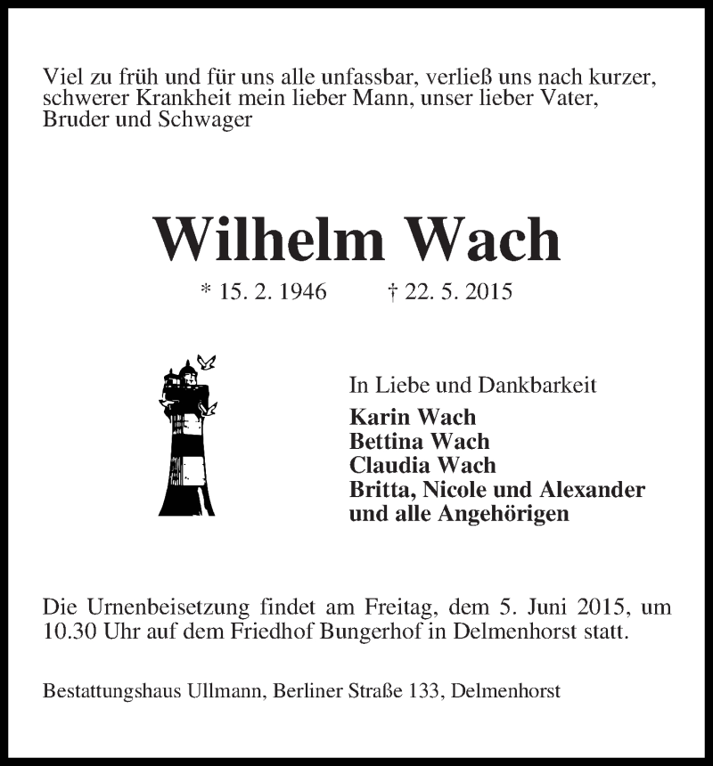 Traueranzeige von Wilhelm Wach von WESER-KURIER