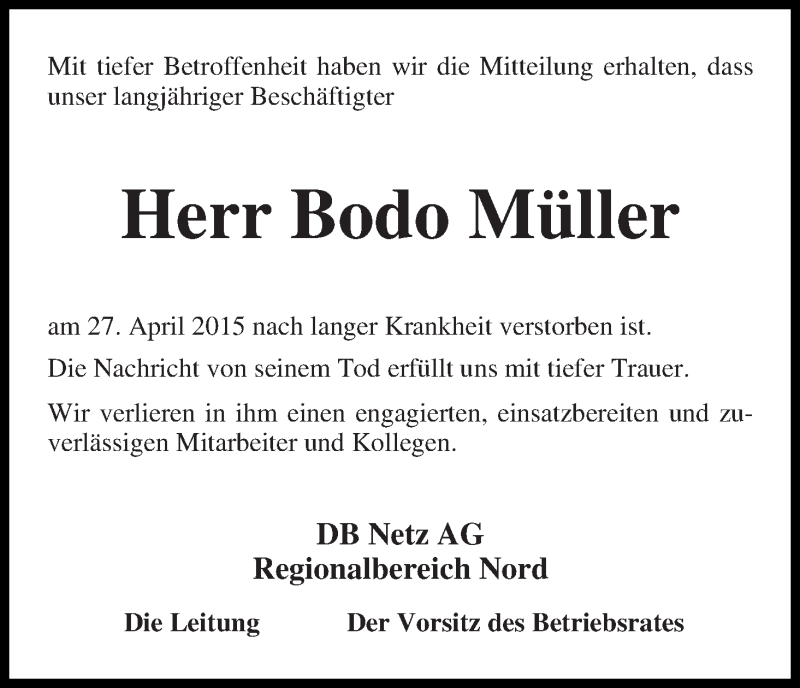 Traueranzeige von Bodo Müller von WESER-KURIER