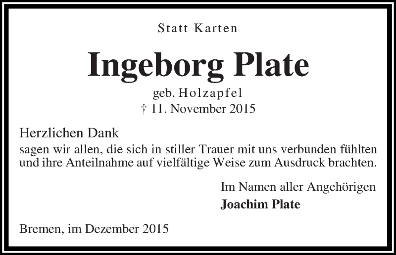 Traueranzeige von Ingeborg Plate von WESER-KURIER