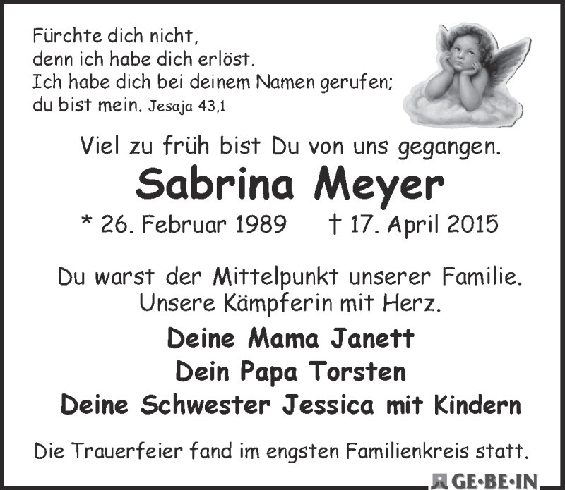 Traueranzeige von Sabrina Meyer von WESER-KURIER