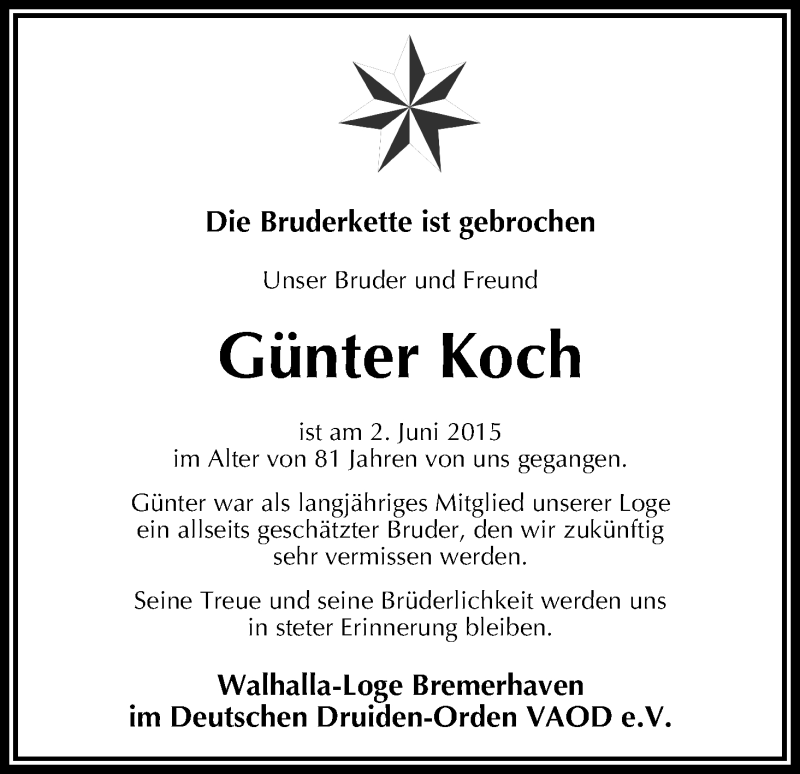 Traueranzeige von Günter Koch von Osterholzer Kreisblatt