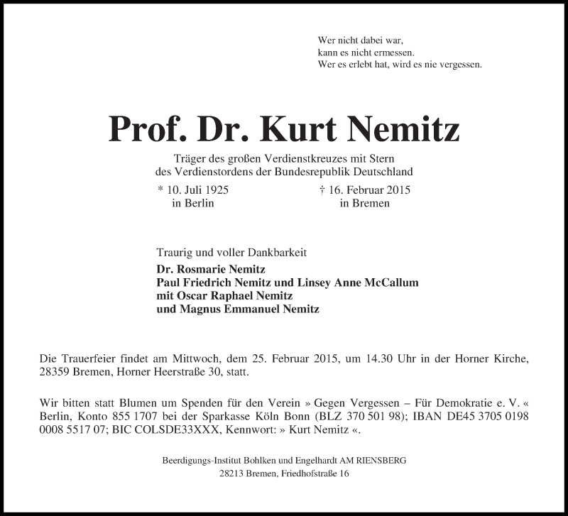 Traueranzeige von Kurt Nemitz von WESER-KURIER