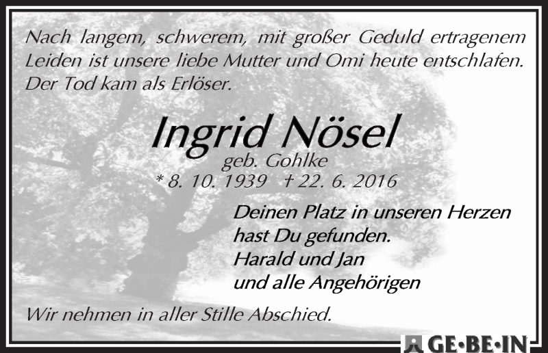 Traueranzeige von Ingrid Nösel von WESER-KURIER