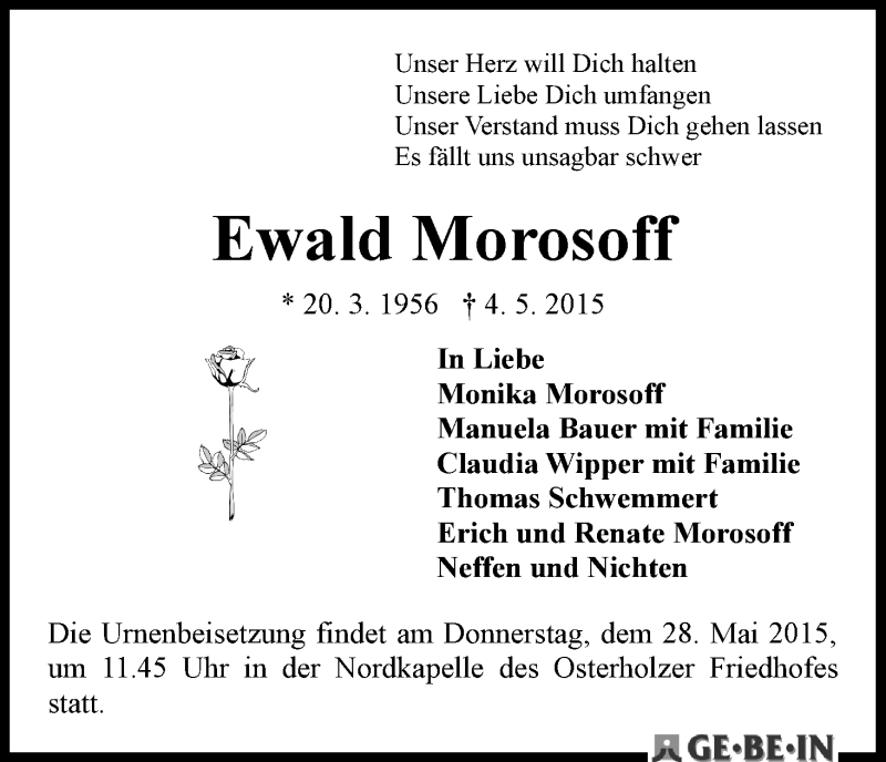 Traueranzeige von Ewald Morosoff von WESER-KURIER