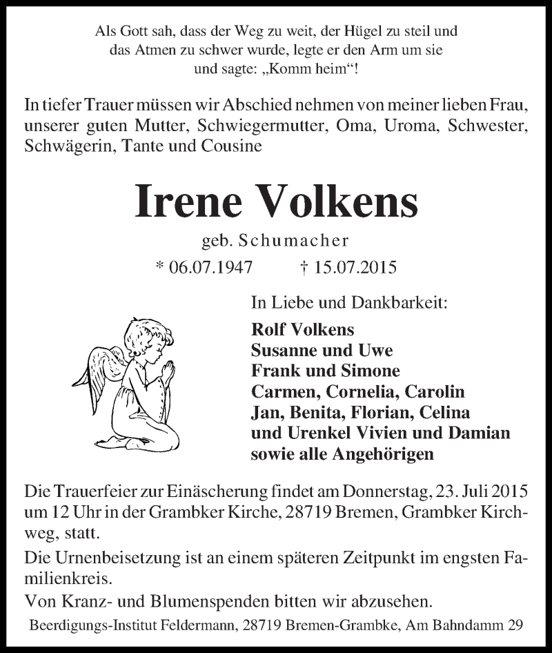 Traueranzeige von Irene Volkens von WESER-KURIER