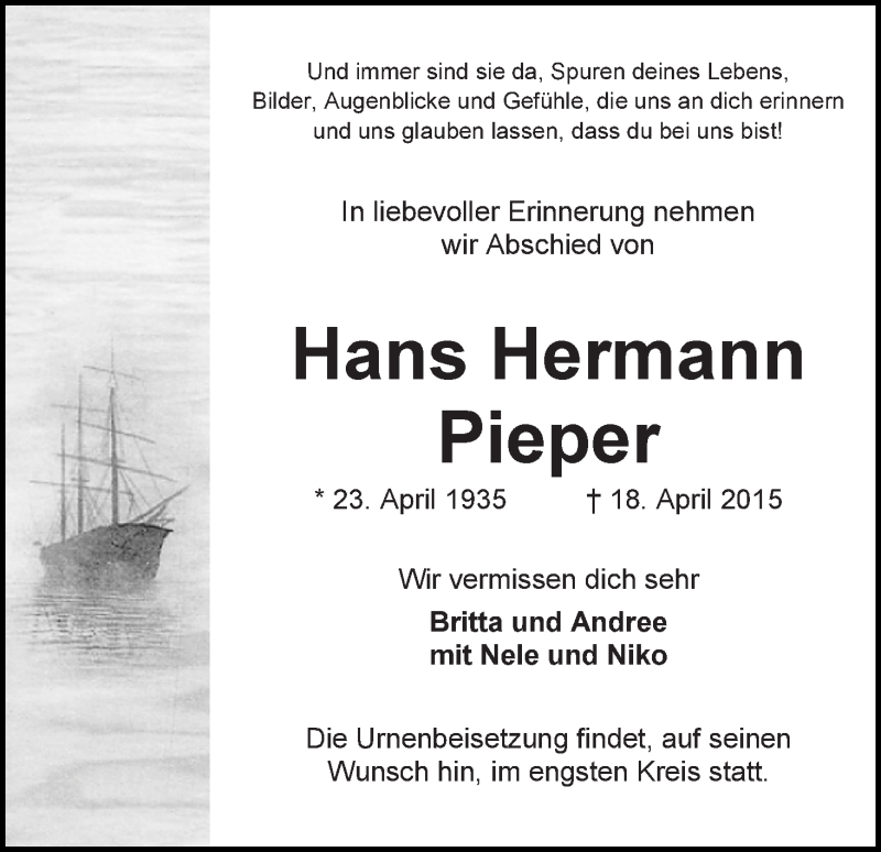 Traueranzeige von Hans Hermann Pieper von WESER-KURIER