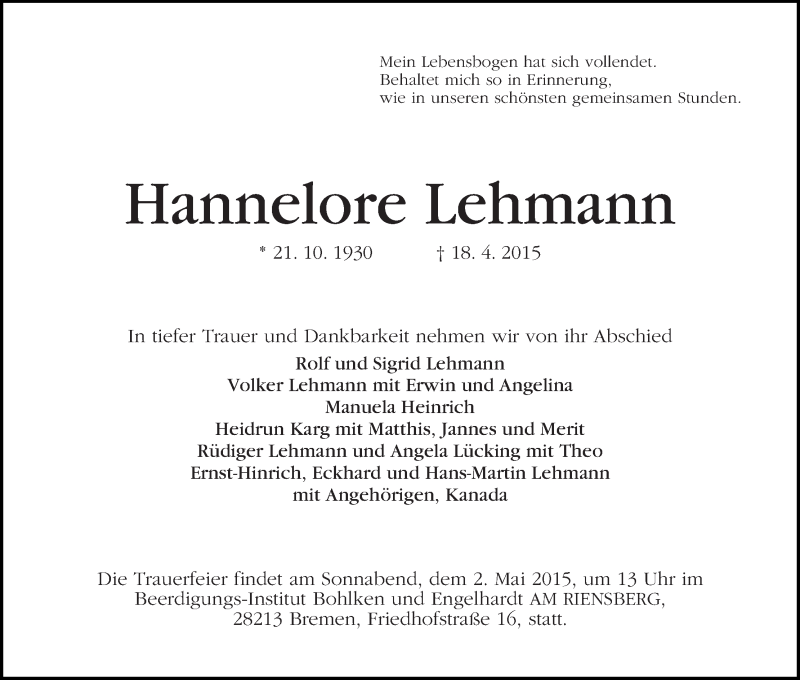 Traueranzeige von Hannelore Lehmann von WESER-KURIER
