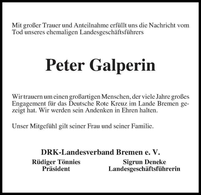 Traueranzeige von Peter Galperin von WESER-KURIER