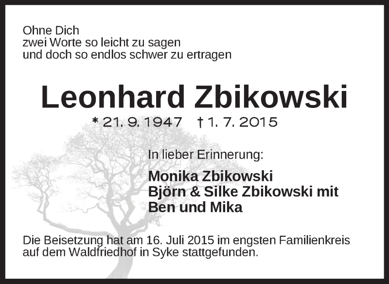 Traueranzeige von Leonhard Zbikowski von WESER-KURIER