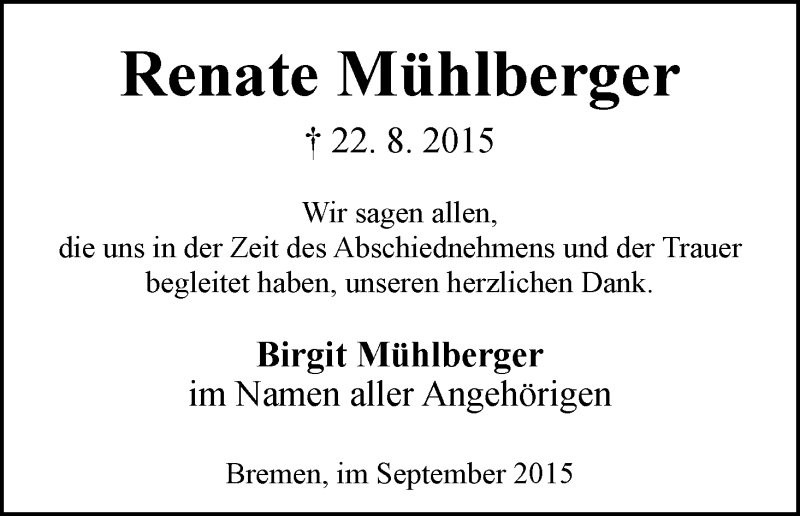Traueranzeige von Renate Mühlberger von WESER-KURIER
