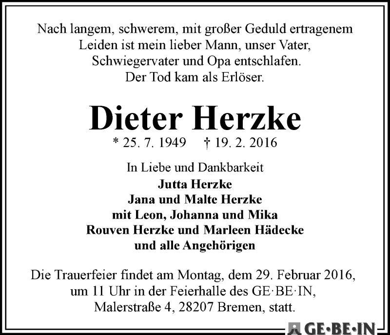 Traueranzeige von Dieter Herzke von WESER-KURIER