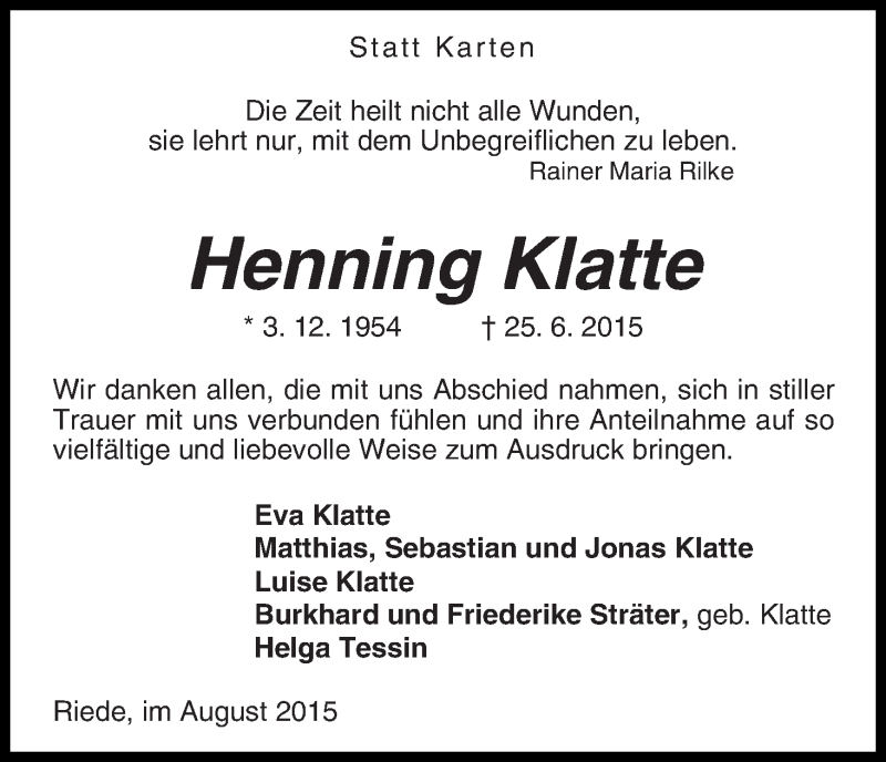 Traueranzeige von Henning Klatte von WESER-KURIER