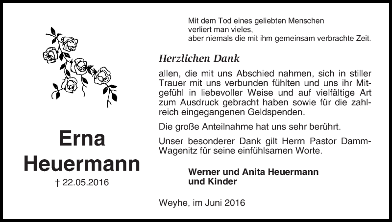 Traueranzeige von Erna Heuermann von Regionale Rundschau/Syker Kurier