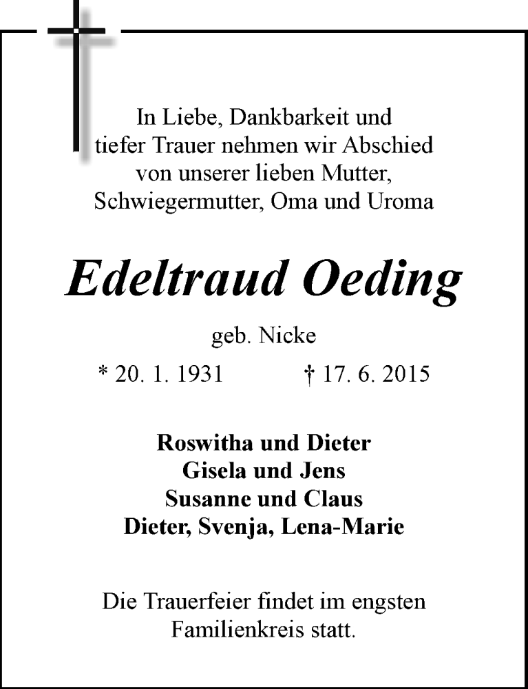 Traueranzeige von Edeltraud Oeding von WESER-KURIER