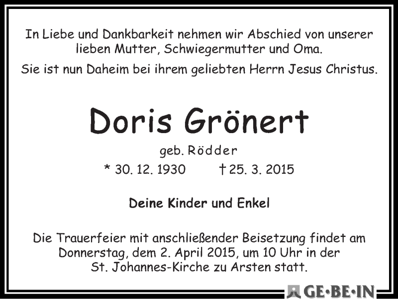 Traueranzeige von Doris Grönert von WESER-KURIER