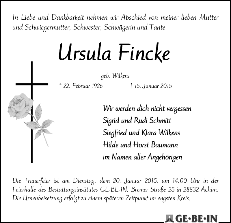 Traueranzeige von Ursula Fincke von WESER-KURIER