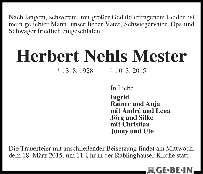Traueranzeige von Herbert Nehls Mester von WESER-KURIER