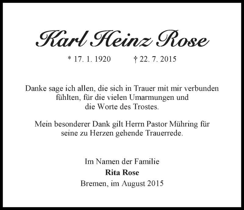 Traueranzeige von Karl-Heinz Rose von WESER-KURIER