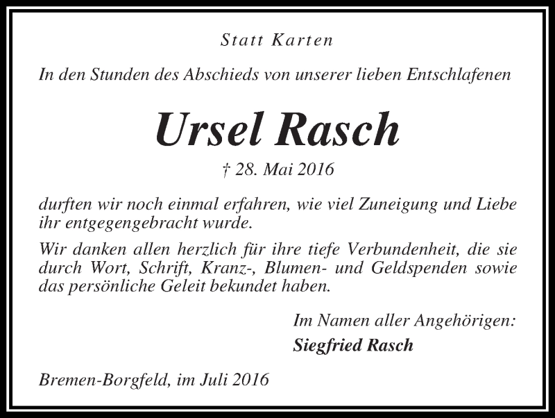 Traueranzeige von Ursel Rasch von Wuemme Zeitung