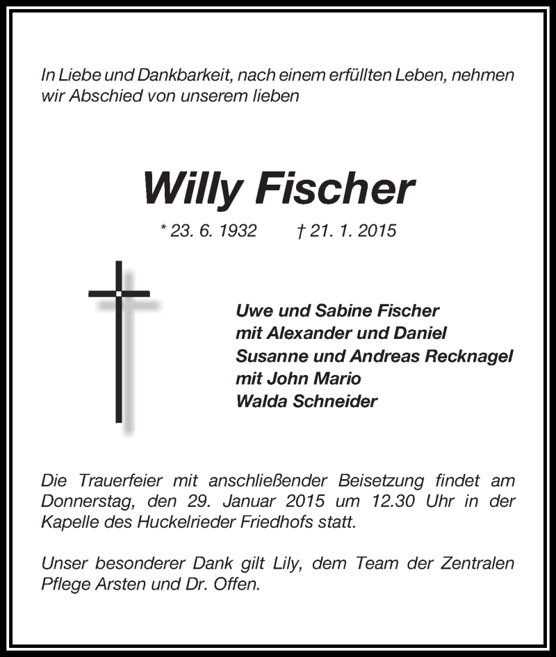 Traueranzeige von Willy Fischer von WESER-KURIER